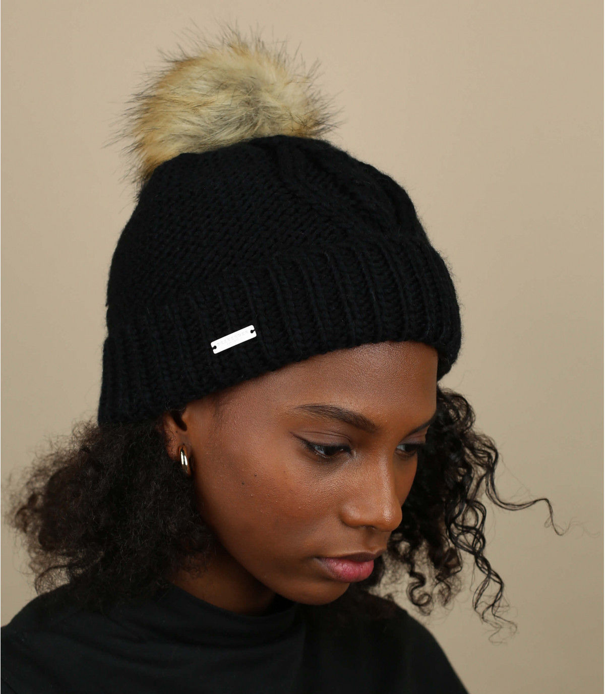 cappello bavero nappa nero - Mia Pompom Beanie black Seeberger : Headict